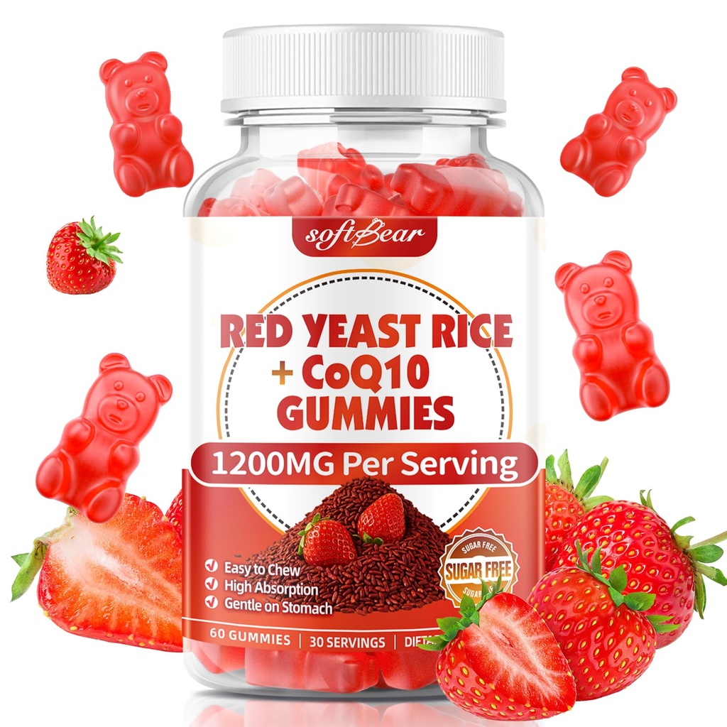 softbear Red Yeast Rice with CoQ10 Gummies, Organic Red Yeast Rice Supplement 1200mg with CoQ10 200mg for Women & Men, Sugar Free/Vegan/Non-GMO, Strawberry Flavor, 60 Count