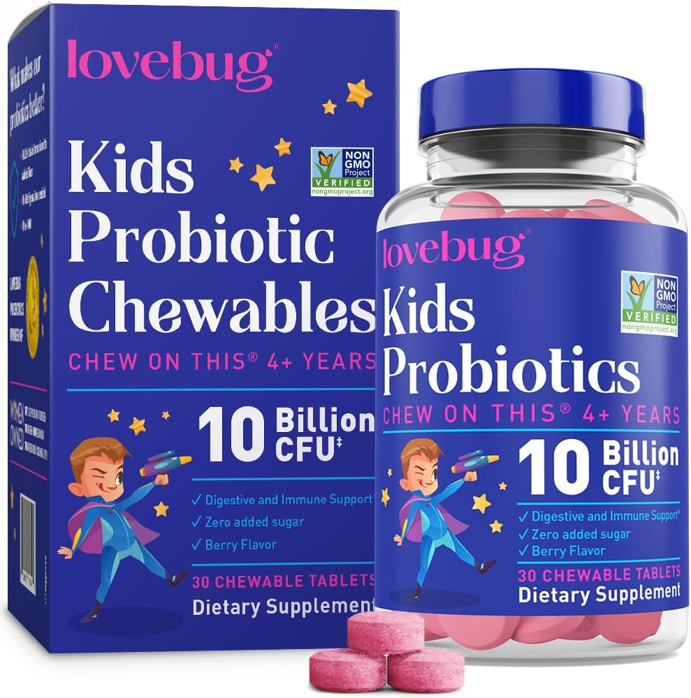 LOVEBUG Probiotics for Kids — Probiotic Chewables with Prebiotic Fiber for Age 4+, Daily Children ' Digestive Support supplement, Sugar-Free Berry Flavor, 30 count