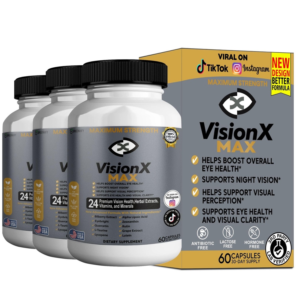 VisionX Maximum Strength Eye Health Supplement, 24 Premium Vision Herbal Extracts, Vitamins, Minerals, 60 Capsules, 30-Day Supply (3)