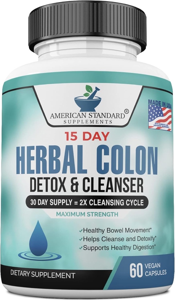 American Standard Supplements Colon Cleanse - 60 Veggie Capsules, 30 portioner - Herbal Blend med Psyllium Husk, Senna Leaves, Aloe Vera, Ginger, Cascara Sagrada & More