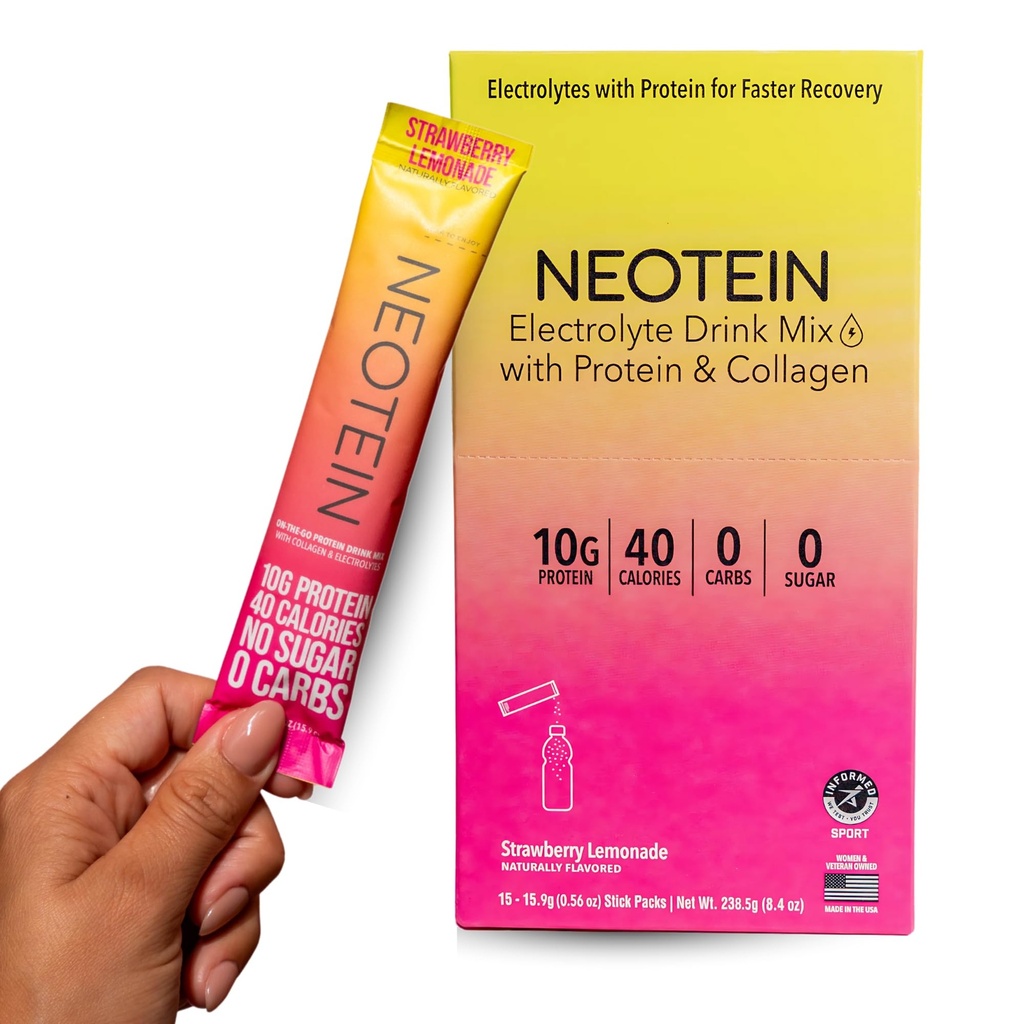 NEOTEIN: Electrolyte Powder Packets, Protein Powder with 10g Protein & Collagen | Hydration Packets - Zero Sugar, NO Fillers, NO Carbs | Strawberry Lemonade | 40 Calories | Keto & Paleo | Pack of 15