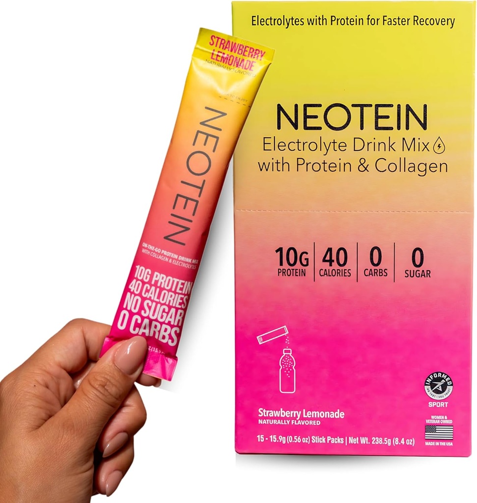 NEOTEIN: Electrolyte Powder Packets, Protein Powder with 10g Protein & Collagen Wonder124; Hidration Packets - Zero Sugar, NO Fillers, NO Carbs- 124; Strawberry Lemonade - 124; 40 Calories 124; Keto & Paleo - 124; Pack 15