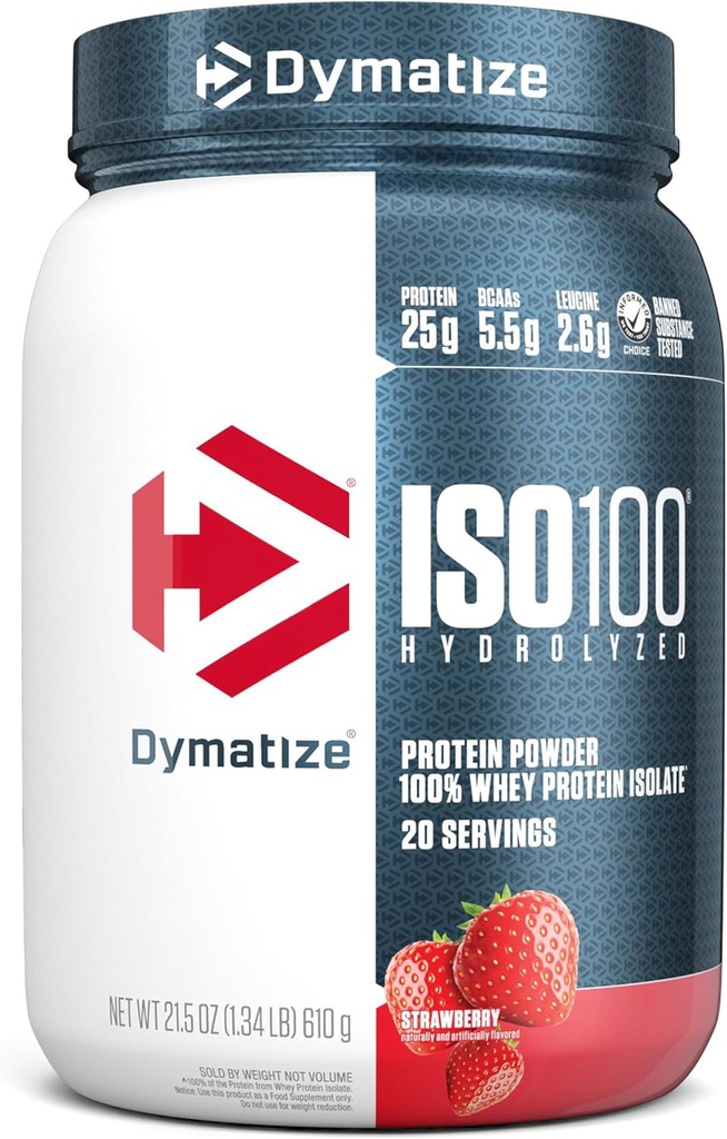 Dimatize אבקת חלבון ISO100 Whey חלבון Isolate, Strawberry, 25g של חלבון, 5.5g BCAAs, פחות מ 120 קליפורניה, Gluten חינם, 1g שומן, 1g סוכר, 2g Carb (20 משרתים)