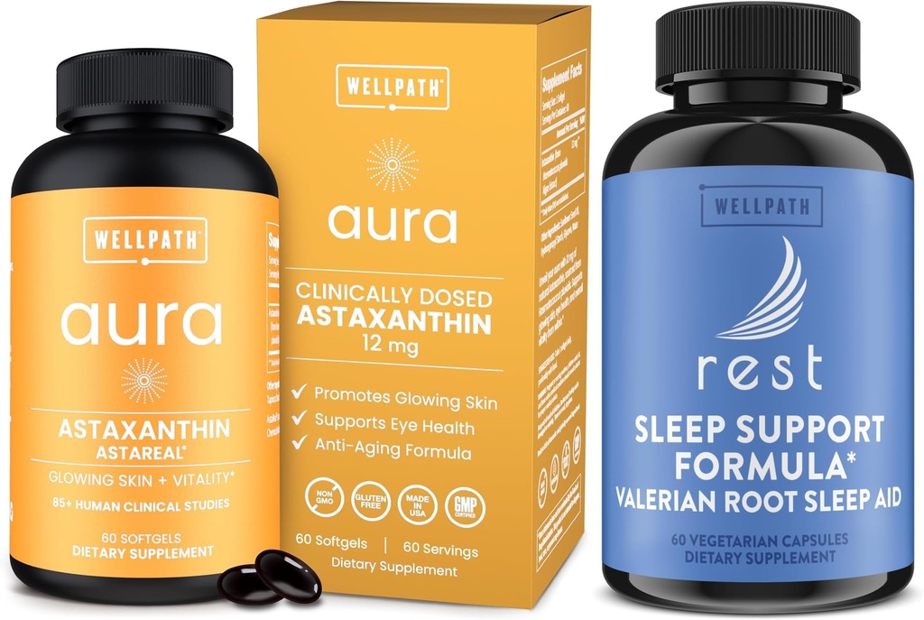 WellPath Astaxanthin 12mg – Natural Astaxanthin Supplements from Microalgae and Rest Valerian Root Sleep Aid for Adults with Melatonin & L-Theanine