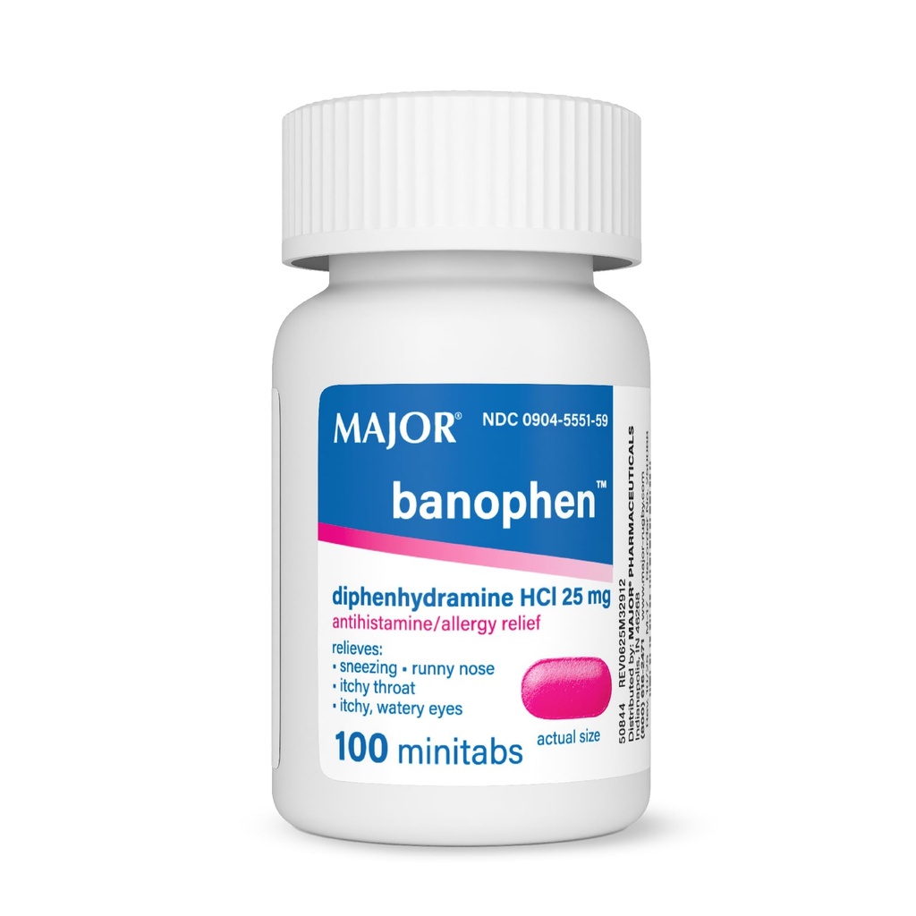 MAJOR Banophen Diphenhydramine HCI 25 mg Minitabs - Temporary Relief from the Symptoms of Hay Fever, Common Cold, and Upper Respiratory Allergies - Antihistamine Allergy Medicine - 100 Count (1 Pack)