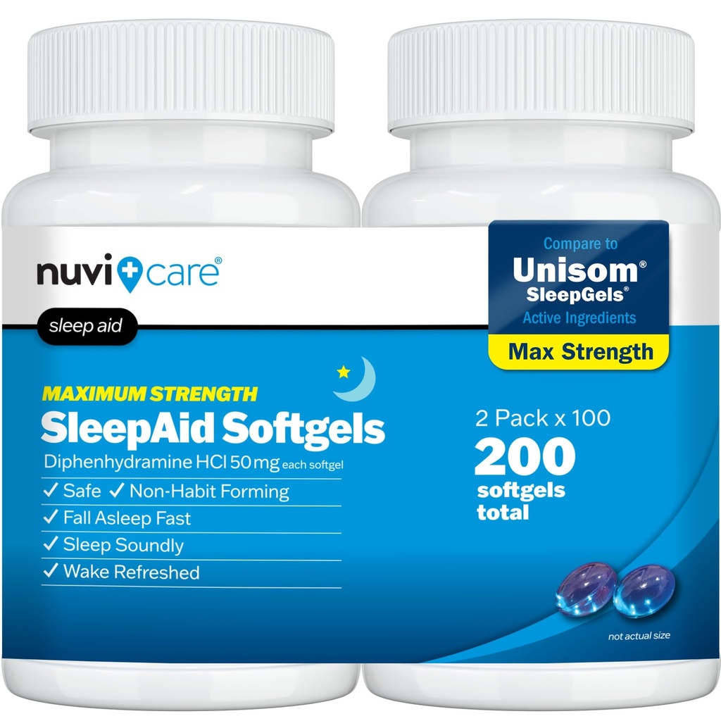 NUVICARE Maximum Strength SleepAid Soft Gels - Nighttime Sleep Aid with Diphenhydramine HCl 50mg - Non Habit Forming Sleeping Pills for Adults - Extra Strong OTC Sleep Aids for Adults (2 Pack)
