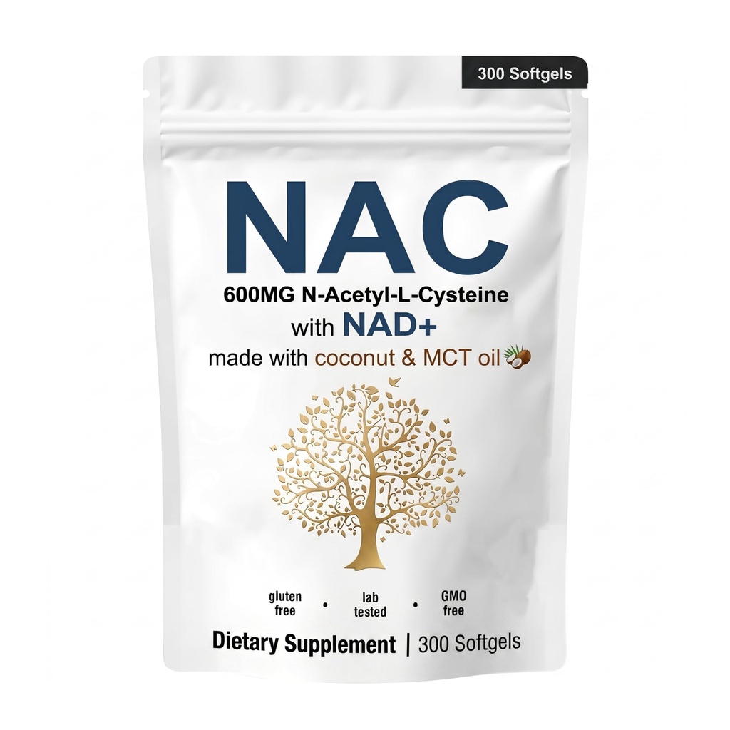 NAC Supplement 600 mg with NAD+ Supplement, 300 Softgels | N-Acetyl Cysteine & Nicotinamide Adenine Dinucleotide Complex | Infused with Coconut Oil for Max Absorption | Non-GMO, Gluten Free