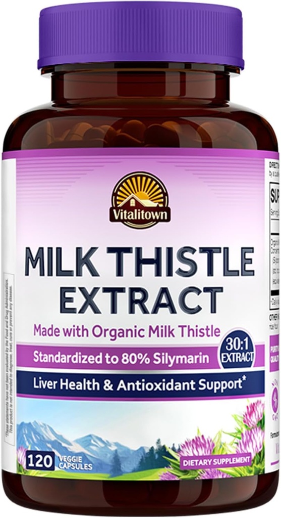 Vitalitown Organic Milk Thistle Antioxidant Support, Detox & Cleansing, 120 Vegan Caps
