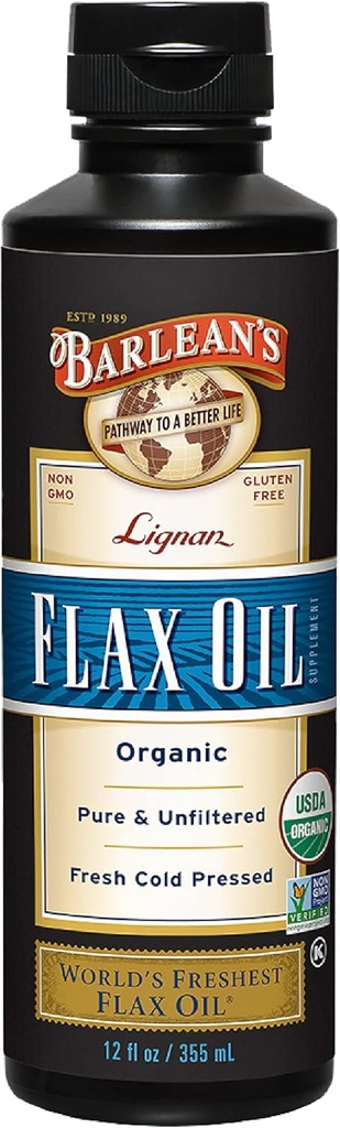 Barlean's Organic Lignan Flaxseed Oil Liquid Supplement from Cold Pressed Flax Seeds, 7,230 mg ALA Omega-3 Fatty Acids for Healthy Hair, Skin, and Eyes, Gluten Free, 12 oz