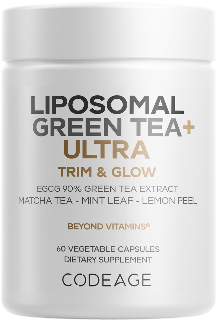 Codeage Liposomal Green Tea+ Ultra Potency - EGCG 90% Green Tea Extract, Organic Matcha Green Powder, Peppermint, Lemon Peel - Vegan, Non-GMO, Gluten-Free - Liposomal Delivery - 60 Capsules