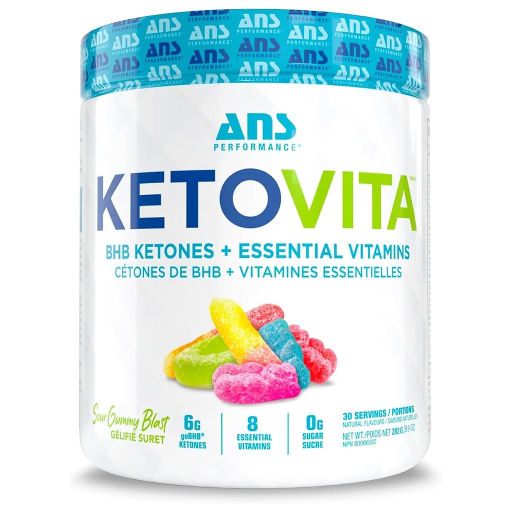 ANS Performance Ketovita Supplement Beta-Hydroxybutyrate Ketones Drink Powder with Zero Sugar and 30 Servings, Boosts Metabolism, Sour Gummy