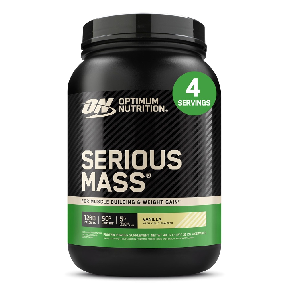Optimum Nutrition Serious Mass, Weight Gainer Protein Powder, Mass Gainer, Vitamin C and Zinc for Immune Support, Creatine, Vanilla, 3 Pound (Packaging May Vary)