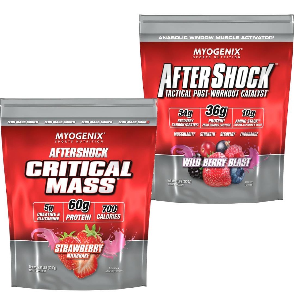 Myogenix Critical Mass Strawberry 5 lbs & Aftershock Wildberry Blast 6 lbs – Critical Mass: Whey Protein Powder, Creatine & Glutamine – Aftershock: Recovery Carbohydrates, Protein Powder, & Aminos Sta
