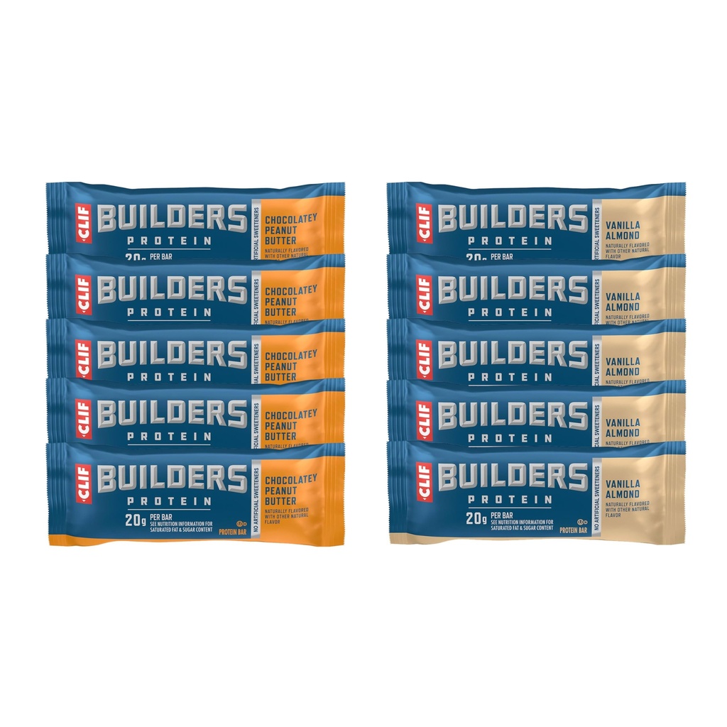CLIF BUILDERS Protein Bars - Chocolate Peanut Butter and Vanilla Almond Flavor - Variety Pack - 20g Plant Based Protein - Gluten Free - Non-GMO - Low Glycemic - No Artificial Sweeteners - 2.4 oz. (10 Count)