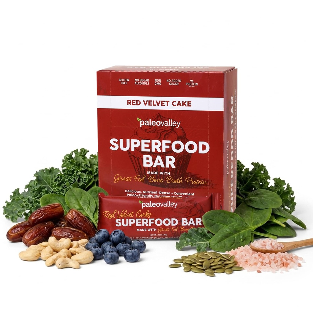 Paleovalley Superfood Bars – Red Velvet– 12 Pack – 9g Protein per Bar – Gluten-Free, Grain-Free, Paleo, Non-GMO – On-the-Go Snack