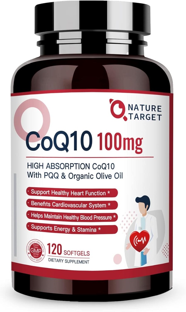 NATURE TARGET CoQ10-100mg-Softgels met 10mg PQQ - High Absorptie Coenzyme-Q10 met Organic-Olive-Oil - Antioxidant for Heart & Brain Health, Cellular-Energy-Production, 120 Servings