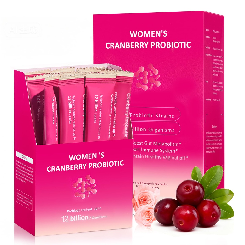 Women Probiotic Powder -13 Strains, 12 Billion CFUs - Probiotics for Women Vaginal Health, pH Balance, Gut Metabolism and Immune Support, Cranberry Flavor, Sugar Free, 15 Packs