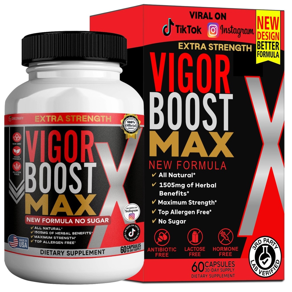 Vigor Boost Max Extra Strength, Organic Maca Root Supplement, Black Red Yellow Maca, 60 Capsules, 30-Day Supply (1)