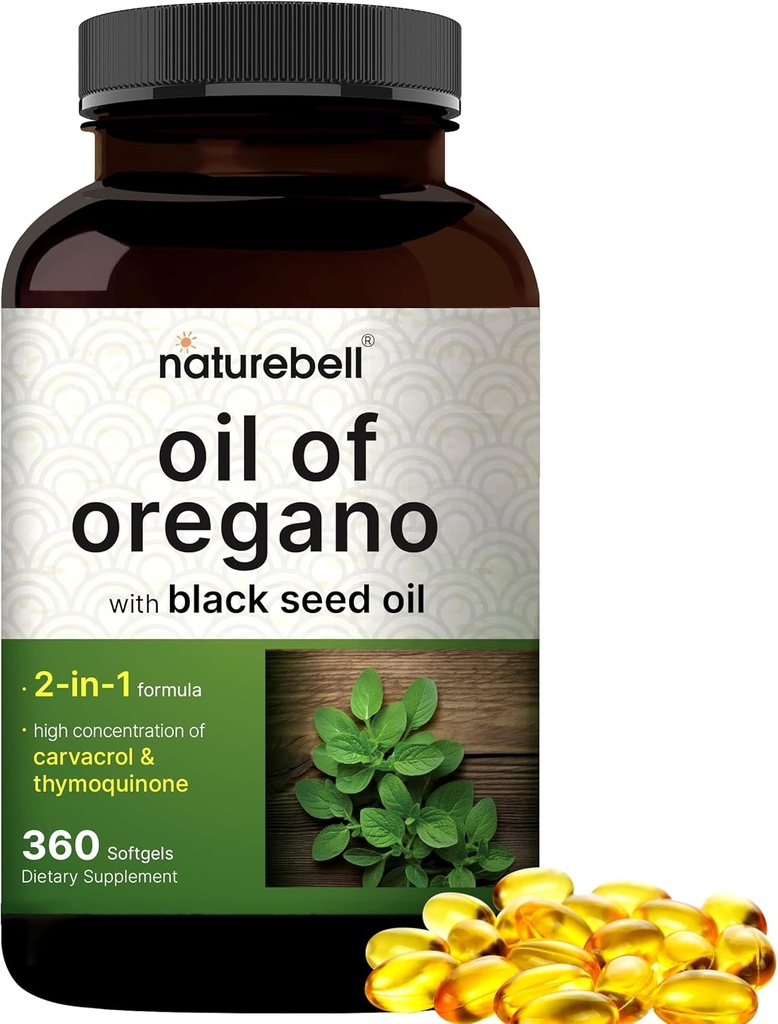 NatureBell Oregano eļļa ar melno sēklu eļļu, 360 softgeli - 360 dienu piegādes Essential Oils for Immuno Health -- saglabā augstu koncentrētu karvakrolu un timohinonu – ne-GMO