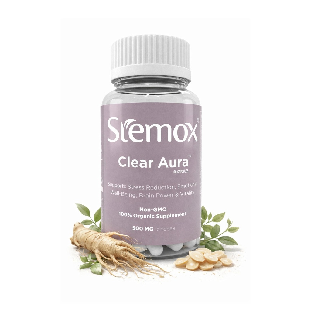 Clear Aura Panax Ginseng Energy & Focus Supplement – Natural Stress Relief & Mental Clarity Adaptogen – Vegan Vitality & Wellness Formula – 60 Capsules.