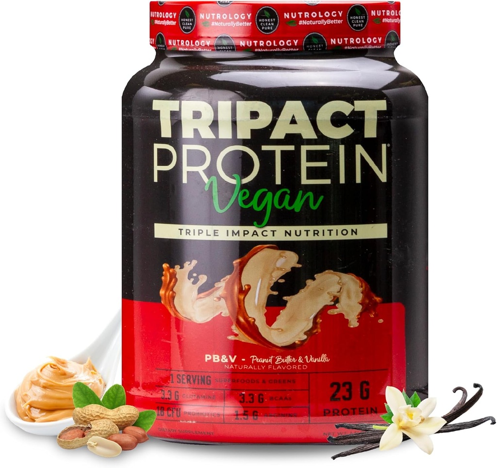Nutrology TRIPACT Vegan Protein Powder - Organic Pea, Rice & Pumpkin Protein, BCAAs & Glutamine Landare-oinarritutako Meal Ordezko Shakes for Muscle Recovery & Immunity, Peanut Butter & Vanilla, 20 Zerbitzu