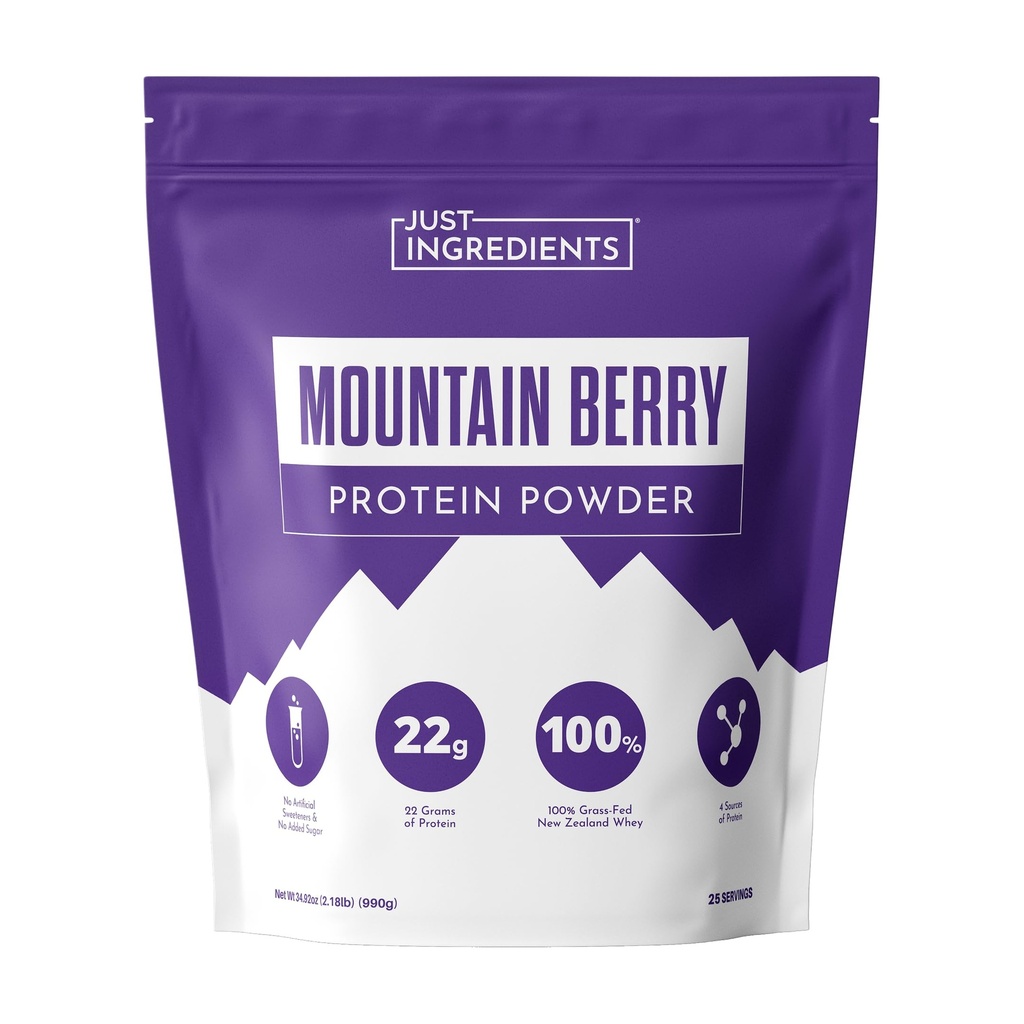 JUST INGREDIENTS Mountain Berry Protein Powder – 30-Serving Blend with 100% Grass-Fed Whey & Organic Plant Proteins – Mixed Berry Flavor with Real Fruit – Supports Muscle Recovery, Energy*