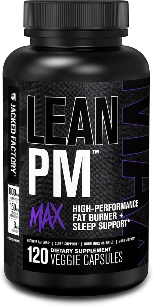 Jacked Factory Lean PM Max - High-Performance Chudnutie, Podpora spánku, Fat Burner, & Apetite Potláčač pre mužov a ženy w/Melatonin, horčík, Carnipure, & Ashwagandha - 120 Diet Pills