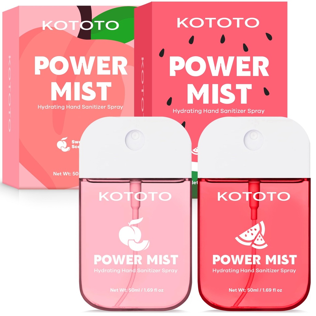 Kototo Hand Sanitizer Spray (1.69 Fl Oz, Set of 2), Multi-Flavor Hand Sanitizer Spray Travel Size (Watermelon & Peach), with Aloe, Vitamin E, Jojoba – Portable Pocket Non-Sticky Hand Cleaner