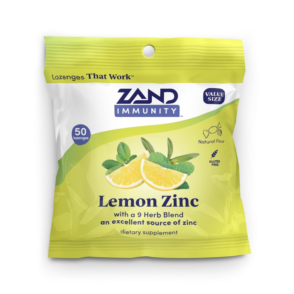 ZAND IMMUNITY Lemon Zinc Throat Lozenges - Good-for-You Dry Mouth Lozenges - Immune Support Supplement with Chelated Zinc 5mg, Blend of 9 Herbs, Soothe a Dry Throat - Natural Flavor, Gluten Free, 50ct