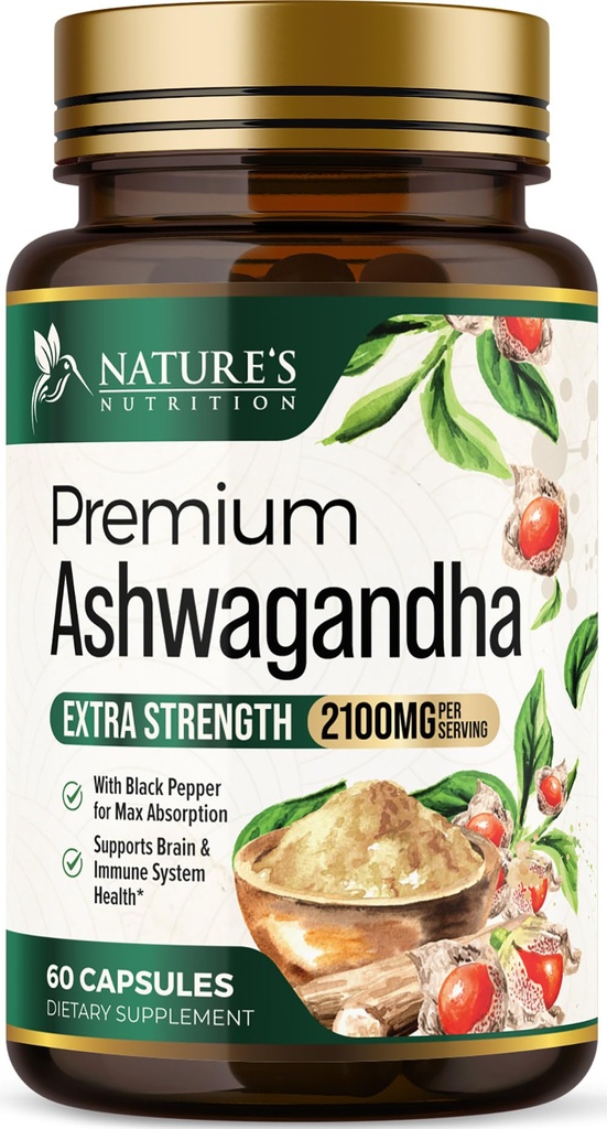 Ashwagandha Supplements - Premium Ashwagandha Capsule for Women & Men, Natural Antioxidant Support Ashwa Root Extract, Extra Strength Calm Support with Black Pepper, Vegan - USA Bottled - 60 Capsules