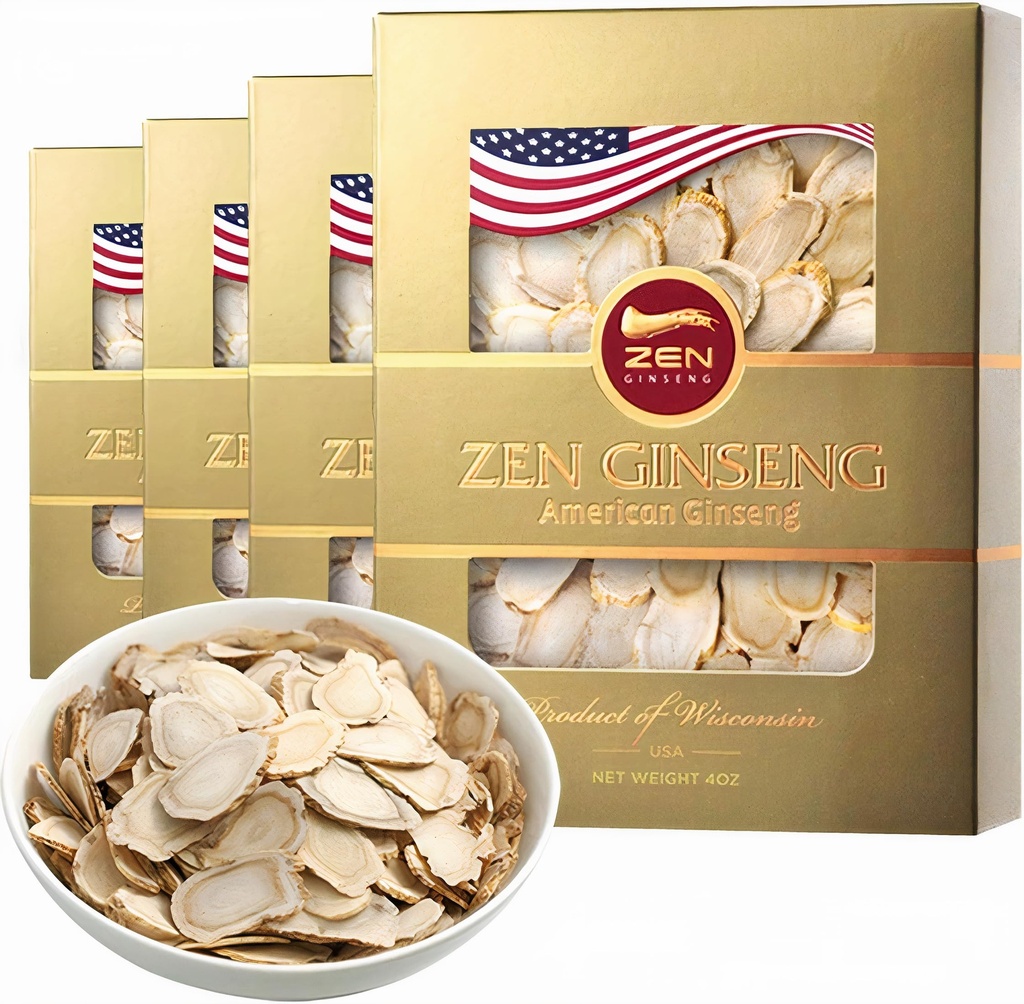 Zen Ginseng American Wisconsin Ginseng Slices, High Potency Ginsenoside, Improves Mood, Memory and Focus, Vegan, Non-GMO & Sugar-Free, 4 Oz (4-Pack)