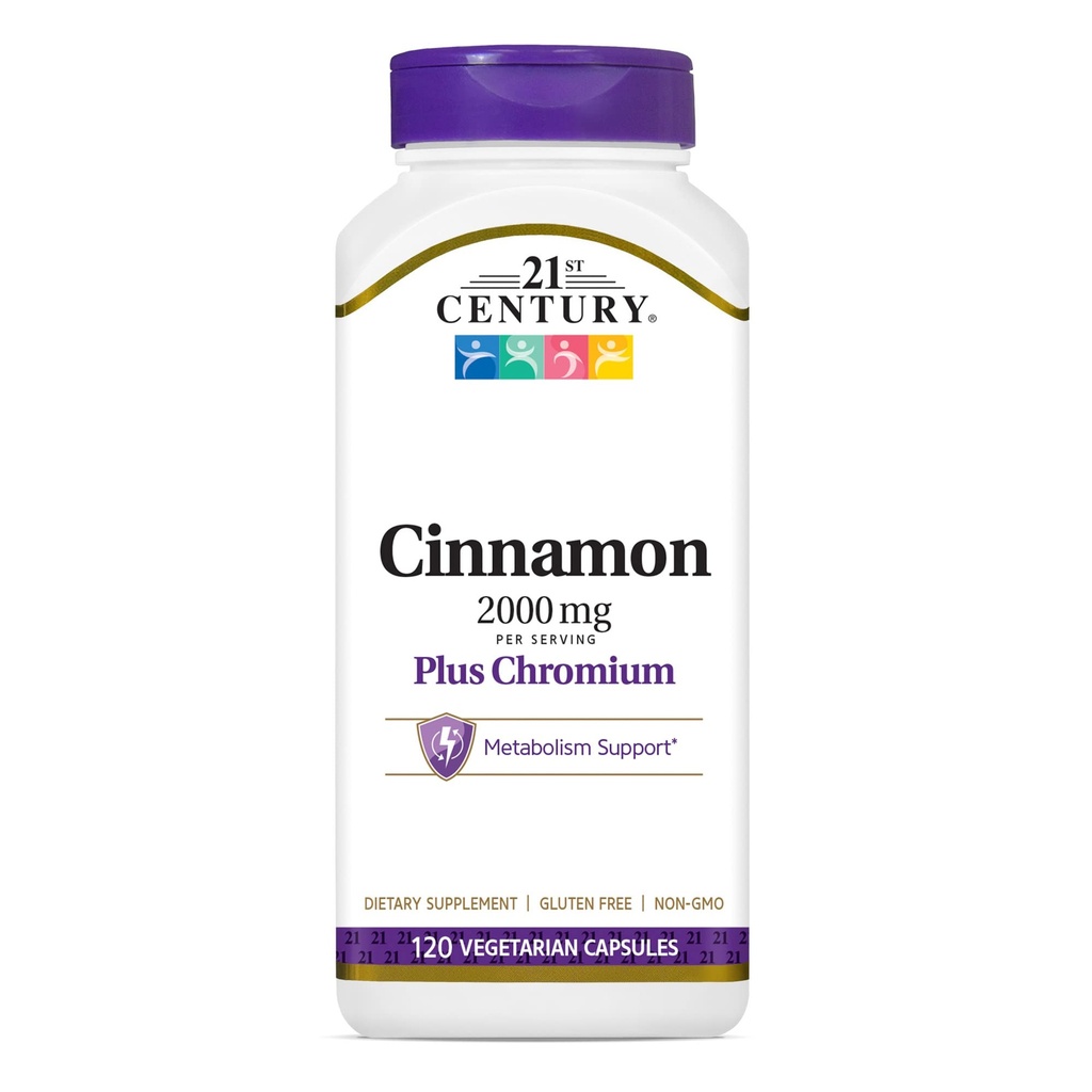 21st Century 2000 mg Cinnamon Plus Chromium Vegetarian Capsules (120 Count), Cinnamon Supplements Supports Carbohydrate Metabolism, Gluten-Free, Non-GMO, No Added Yeast or Artificial Flavors