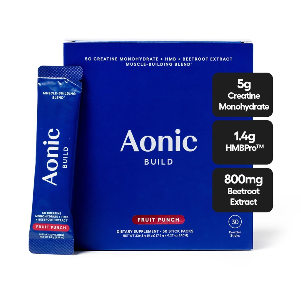 AONIC Build 3-in-1 Creatine Powder, HMBPro™ & Beetroot Formula | Vegan, Non-GMO Drink Mix – Fruit Punch (30 Sticks)
