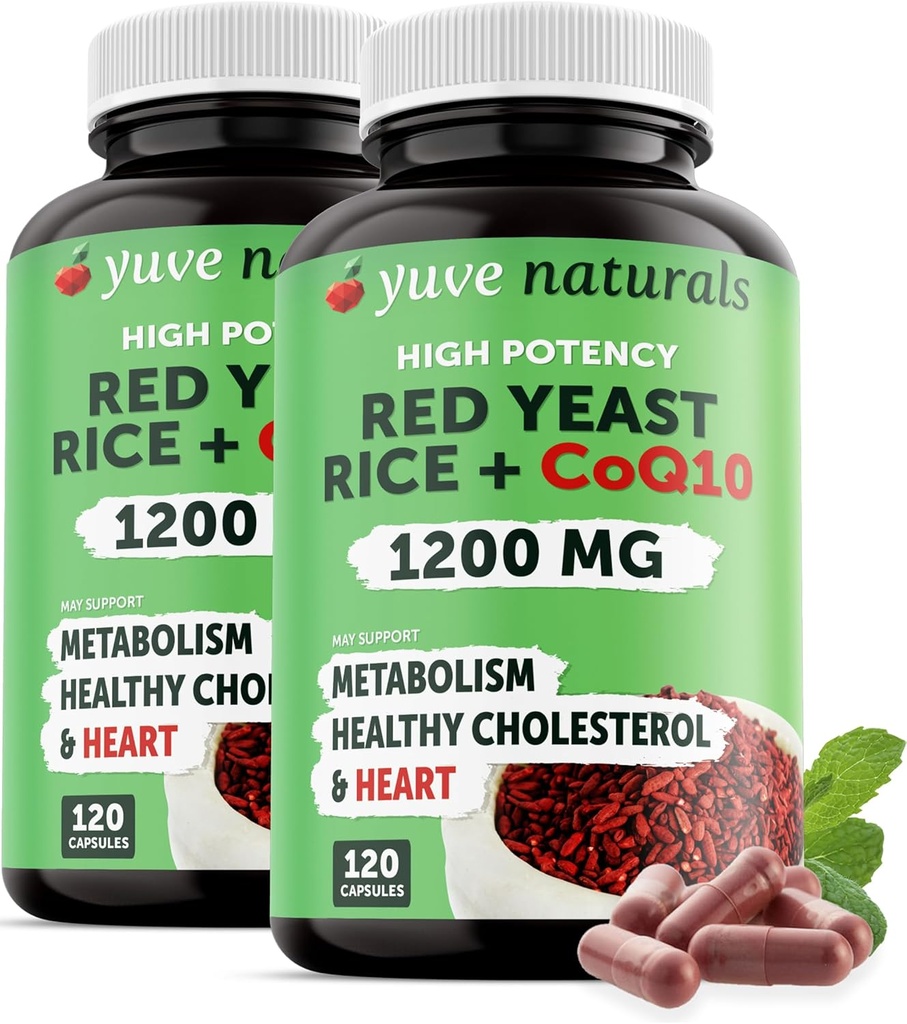 Red Yeast Rice 1200 mg Cápsulas com CoQ10 - Manter os níveis de colesterol saudável, Saúde do coração de ervas Vegan Red Yeast Rice Supplement - Red Rice Yeast com CoQ10 para mulheres e homens - 120 Ct (2-Pack)