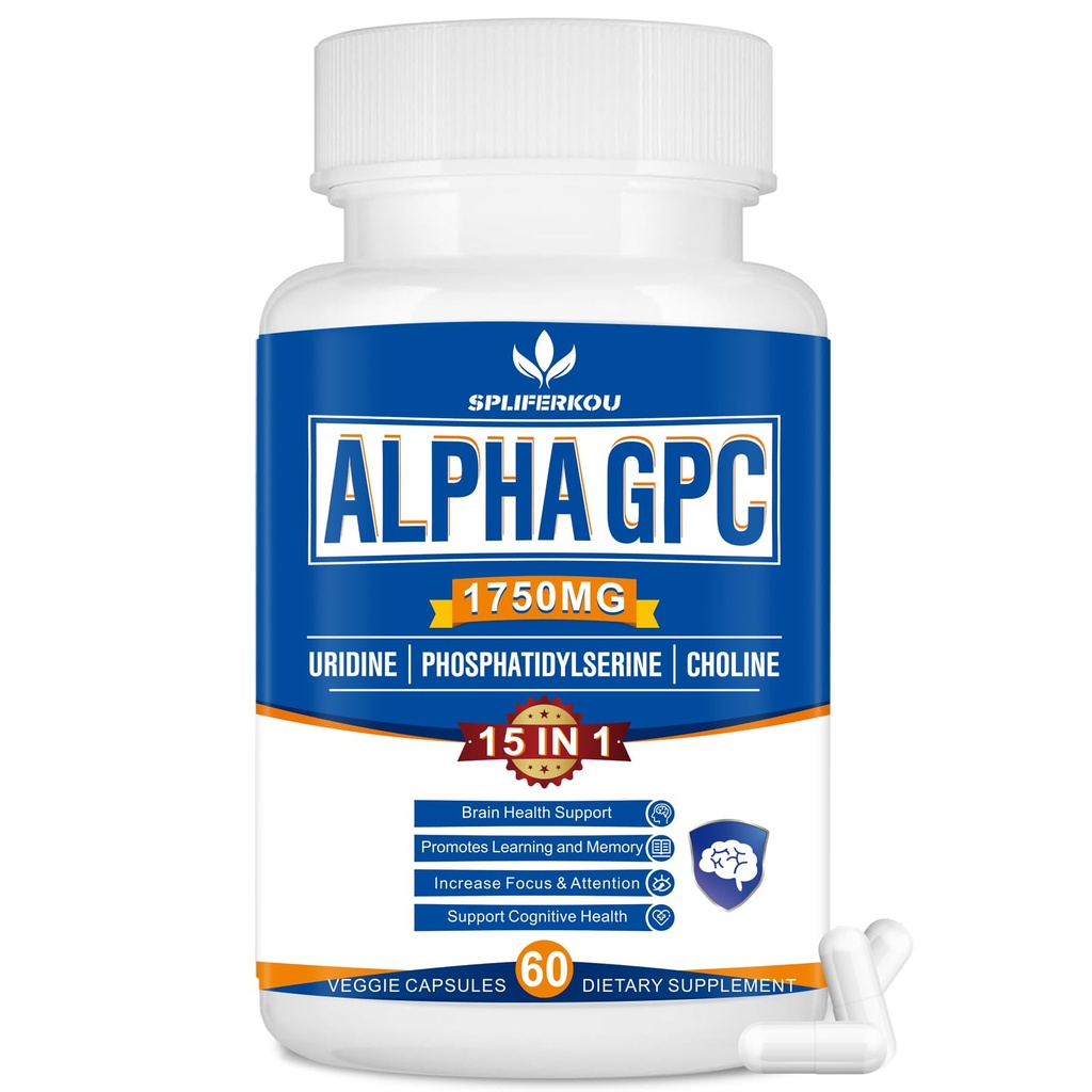 15-in-1 Alpha GPC Supplement with Phosphatidylserine, Uridine, L-Theanine, Lion's Mane Mushroom, 60 Capsules