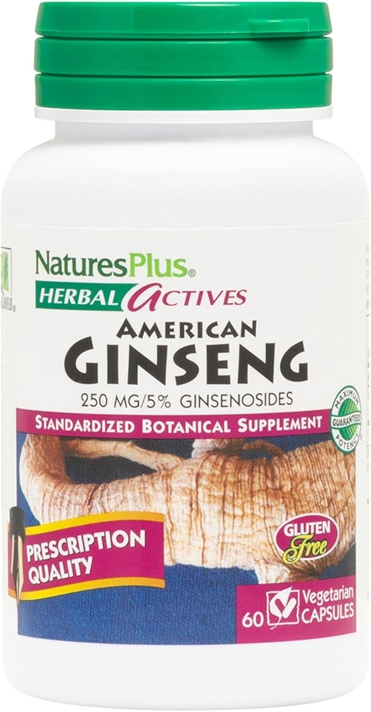 Natings Plus Herbal Actives American Ginseng - 250 mg, 5% Ginsenoside - 60 Vegan Capsules - Gluten- Free - 60 Servings