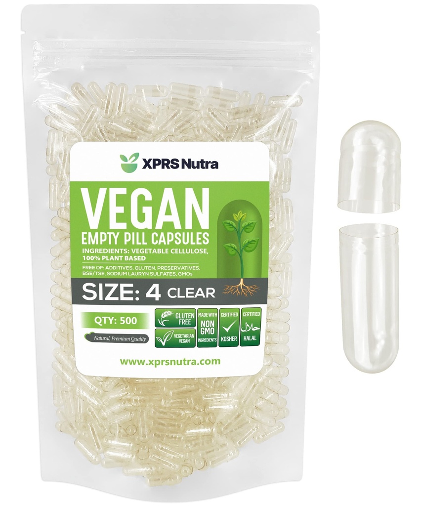 XPRS Nutra Size 4 Empty Capsules - 500 Count Clear Small Empty Vegan Capsules - DIY Vegetable Capsule Filling - Fillable Do-It-Yourself Veggie Pill Caps for Supplements