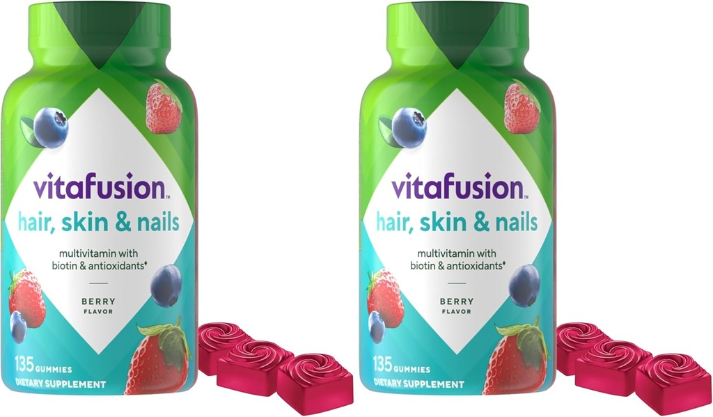 Vitafusion Imeilusad juuksed, nahk ja küüned Multivitamiin Plus Biotiin ja antioksüdandid Vitamiinid C & E, Vaarikamaitse, 135ct (45 päeva pakkumine), Ameerika number üks kummi vitamiinibränd (pakk 2)