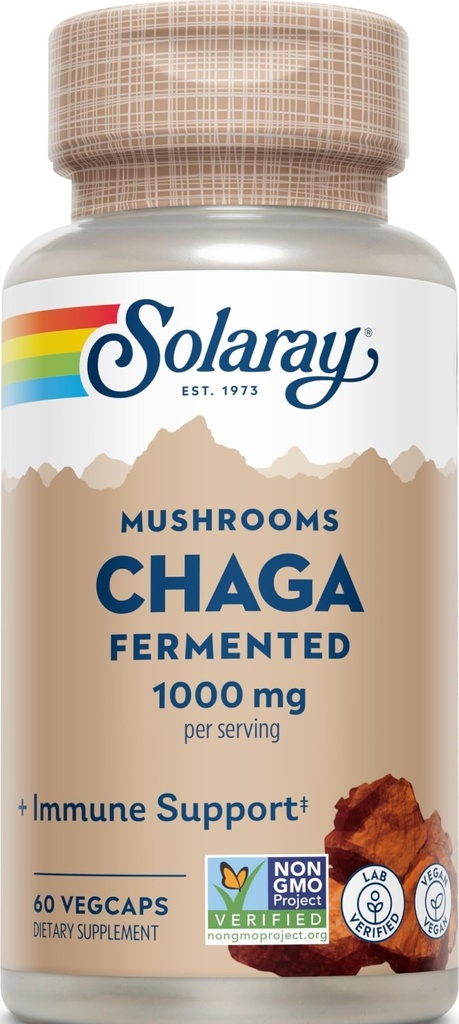 SOLARAY Fermented Chaga Mushroom 1000 mg | Healthy Immune Function Support | 30 Servings | 60 VegCaps | Immune & Stress Support, Organic Fermented Chaga Mushroom, 30 Servings, Vegan, Non GMO & Lab Verified