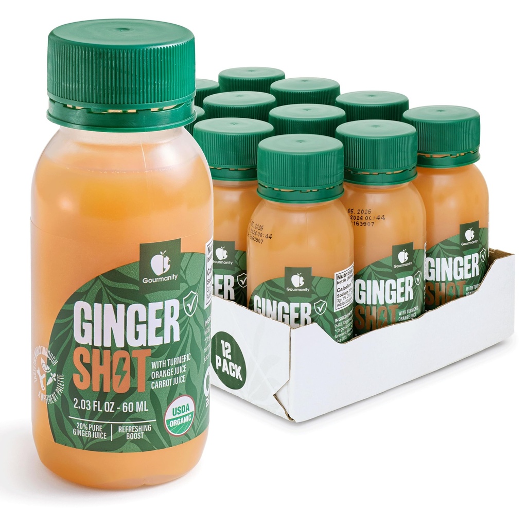 Gourmanity Organic Peruvian Ginger Shots, with Turmeric, Orange and Carrot Juice for Added Wellness, Easy Grab & Go Ginger Shots Bottles, No Additives or Fillers (12 x 2.03oz/60 ml)