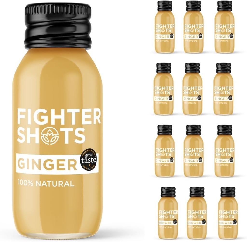 Fighter Shots Ginger (12x60ml) | Award Winning Fresh & Fiery Shots | 27g of Cold Pressed, Fresh Ginger Root for Immune Support | Boosts Energy | 100% Natural | No Nasties | A Perfect Pick Me Up