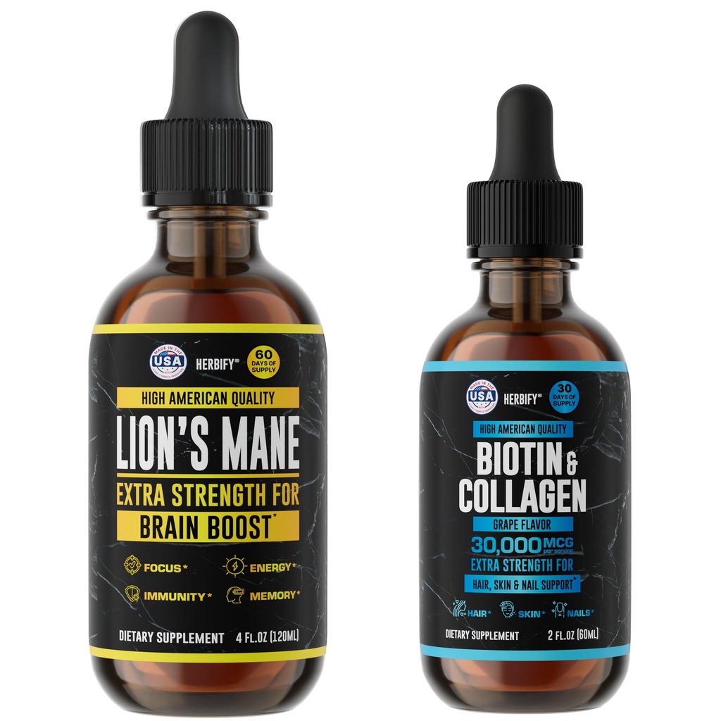 HERBIFY Bundle - Lions Mane Drops & Biotin and Collagen - Brain, Hair, Skin & Nails Support