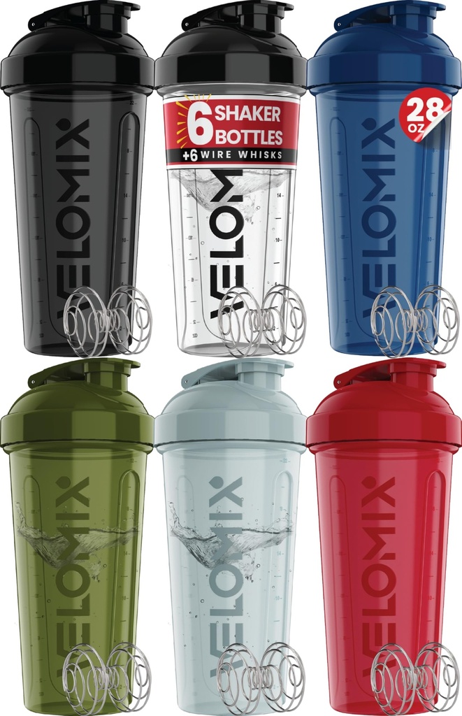 VELOMIX -6 PACK- 28 oz Protein Shaker Bottle for Protein Mixes -6x Wire Whisk | Leak Proof Shaker Cups for Protein Shakes | Large, Stackable Protein Shaker Bottle Pack