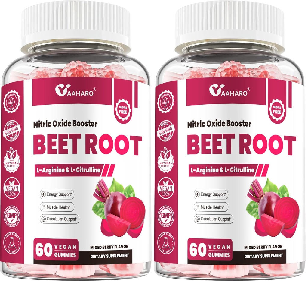(2 Pack) Beet Root Gummies - Nitric Oxide Booster Supplements for Men & Women with Beetroot, L-Citrulline & L-Arginine - Heart, Muscle & Circulation Support - Sugar Free, Vegan, Mixed Berry Flavor