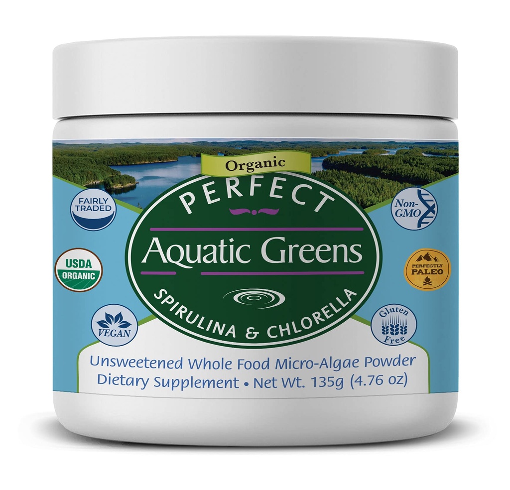 Perfect Supplements Aquatic Greens Powder | Organic Spirulina and Chlorella Blend | Vegan Superfood | Non-GMO | 135g