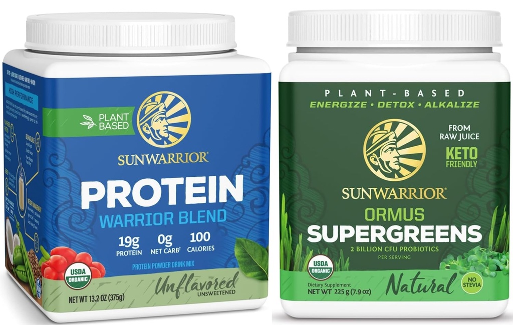 Sunwarrior Organic Greens Probiotic Powder & Plant Based Protein Powder Set | Bundle & Save | Ormus Supergreens Plus Vegan Organic Warrior Blend (15 Servings Protein, 45 Servings Greens)