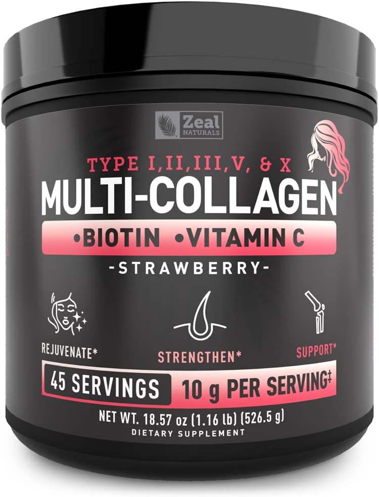 Premium Multi Collagen Peptides Protein Powder (1, 2, 3, 5 & 10), C-vitamiini, biotiini, hyaluronihappo, hius- ja kynnet - meri, nauta, kananmunat ja munankuoret (Strawberry, 45 tarjoilua)