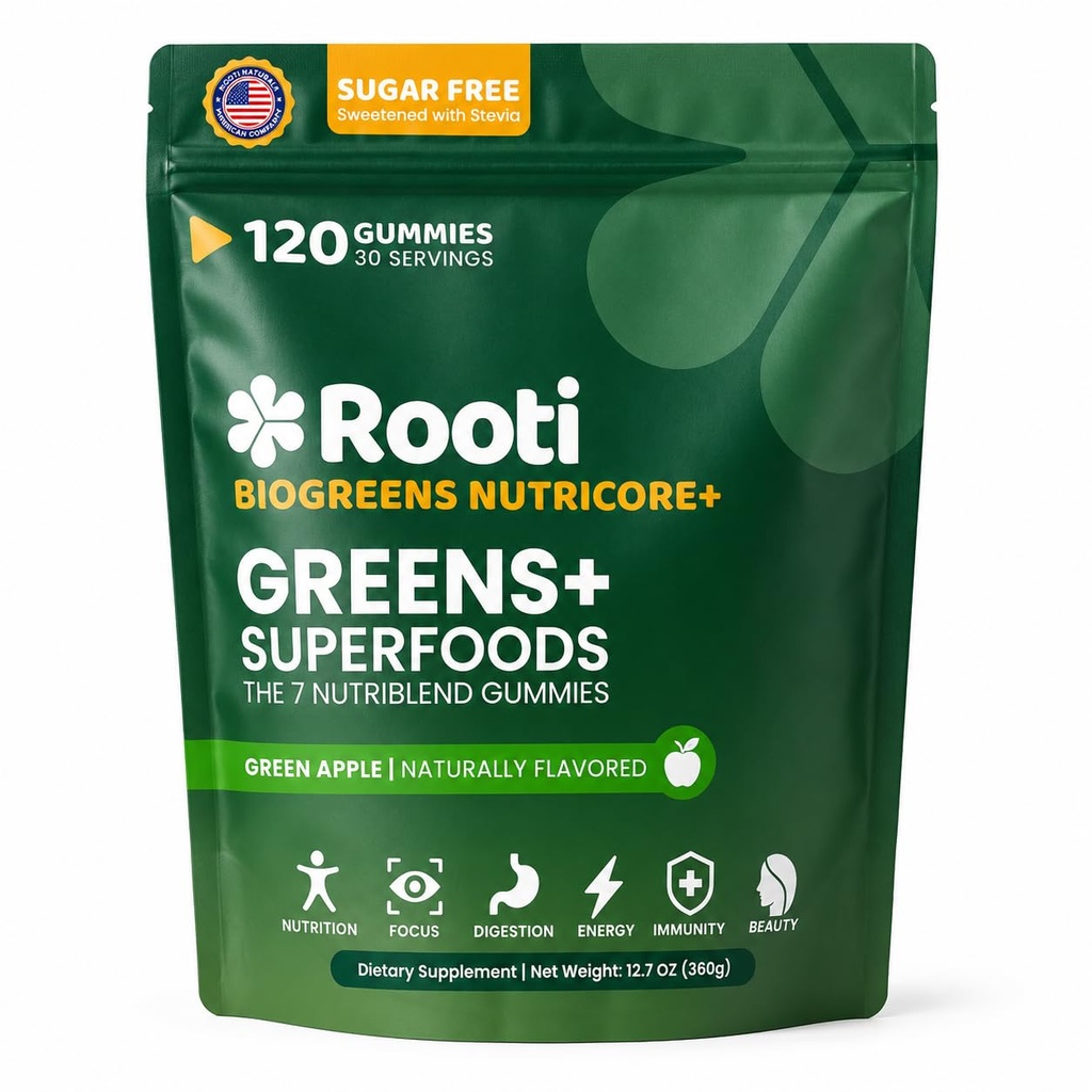 Natural Supergreens Multivitamin Gummies, Adaptogens, Pre & Probiotics, Fiber for Digestive & Gut Health, Bloating Support, Sugar Free, Green Apple – Individually Wrapped (120ct)