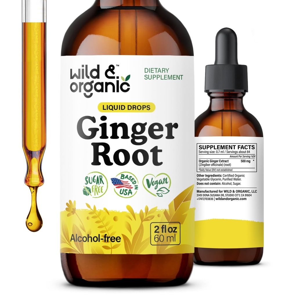 Wild & Organic Ginger Extract Liquid Drops - Immune & Digestive Support - Liquid Ginger Root Supplement - Easy to Add to Tea - Vegan, Sugar & Alcohol-Free Tincture - 2 fl oz