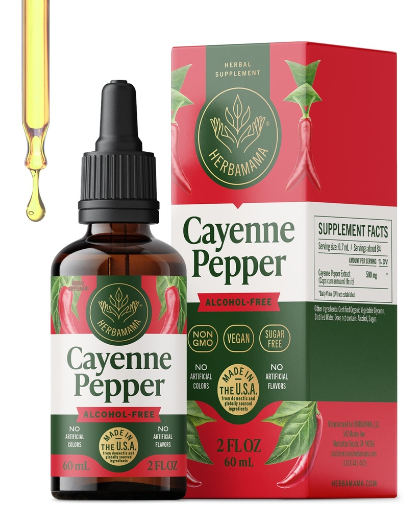 HERBAMAMA Cayenne Pepper Drops – Capsaicin Supplements for Metabolism & Circulation Support – Blood Sugar Support Supplement – Cayenne Pepper Extract – Non-GMO, Alcohol & Sugar-Free, 28-Day Supply